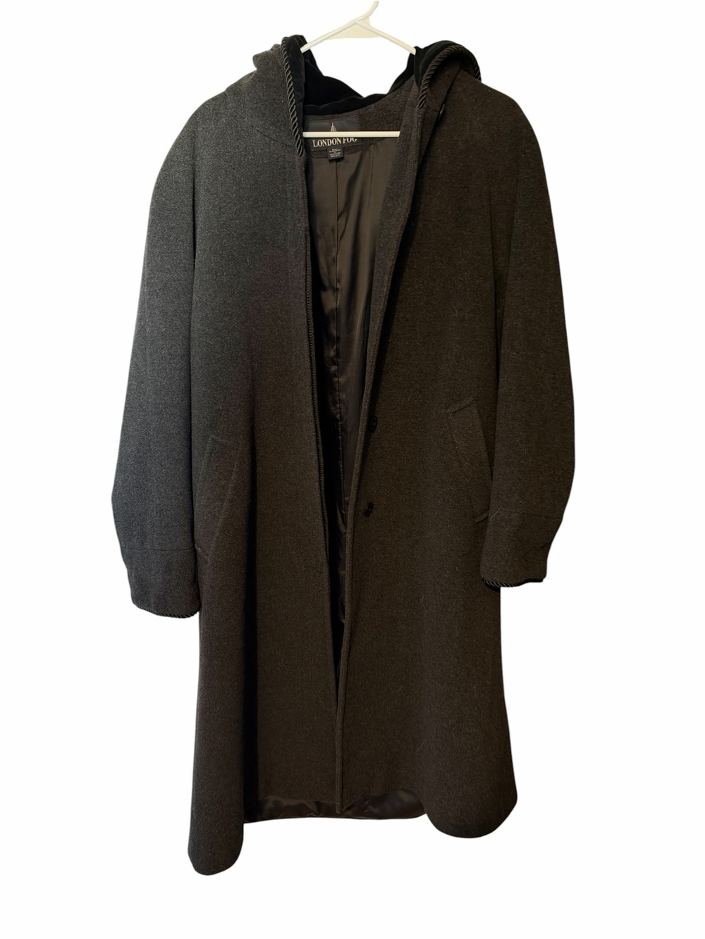 London Fog Black Hooded 100% Wool House Trench Coat Velvet Trim and Buttons 10